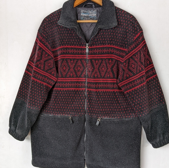 VINTAGE Forecaster Sport black red diamond fair isle cozy fleece teddy jacket - Picture 5 of 12